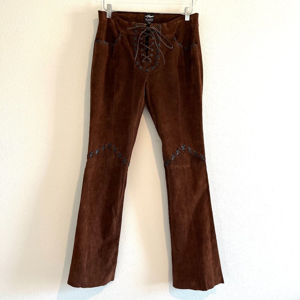 Maxima Wilsons Leather Pants Suede Western Brown Flare Lace Up Stitch Size 10